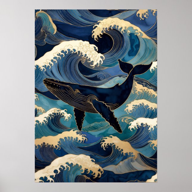 Madagascar Ocean Whale - Blue & Gold Waves |  Poster (Framsidan)