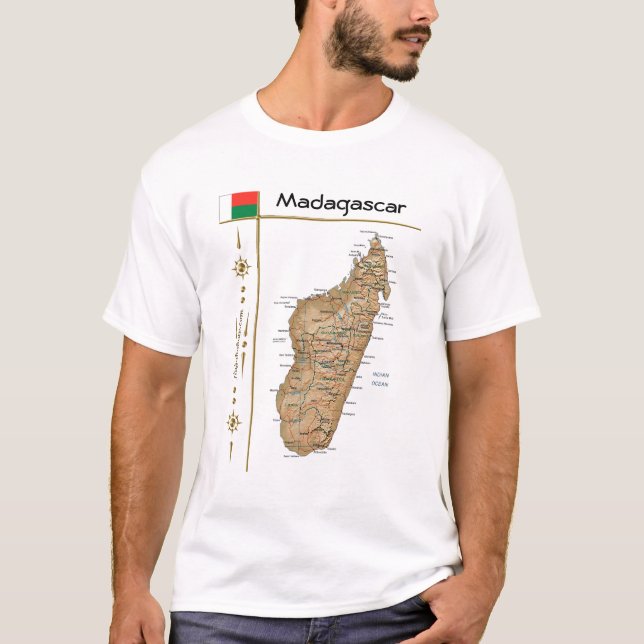 Madagaskar Karta + Flagga + avdelning T-Shirt (Framsida)