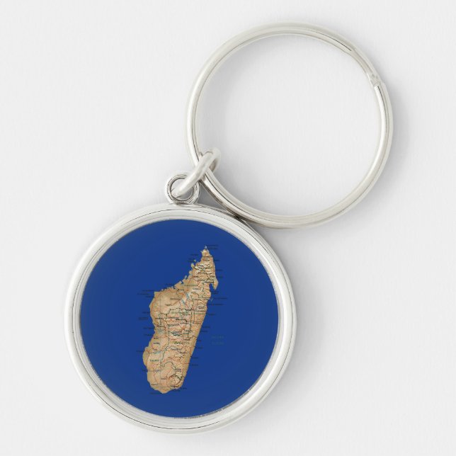 Madagaskar Karta Keychain Rund Silverfärgad Nyckelring (Framsidan)