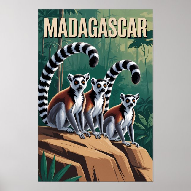 Madagaskar Lemurer Illustration Resa Konst Vintage Poster (Framsidan)