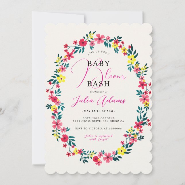 Madagaskar Rosa Katarantus Blommor Baby Shower Inbjudningar (Framsida)