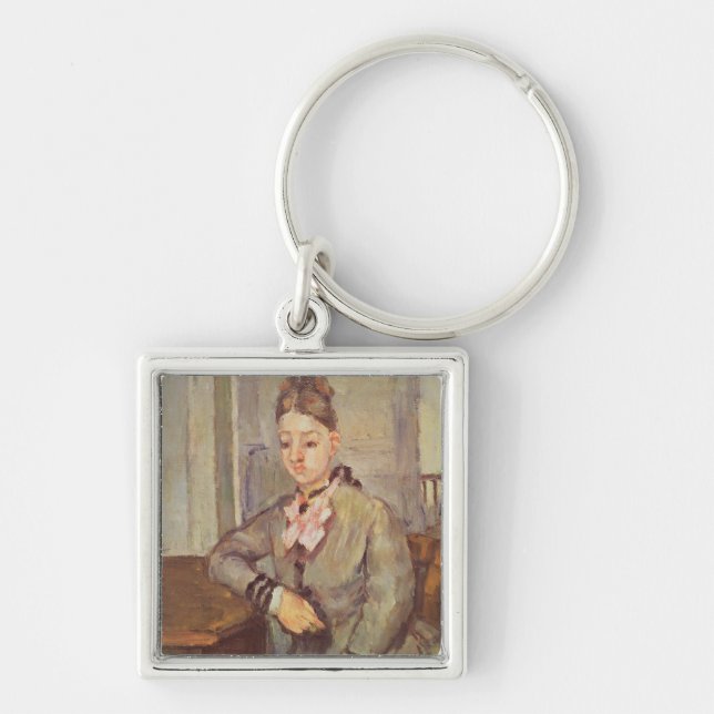 MadamCezanne benägenhet på ett bord, 1873-77 Fyrkantig Silverfärgad Nyckelring (Framsidan)