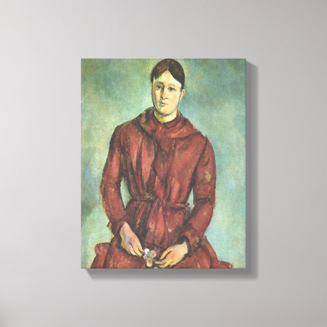 Madame Cezanne i en röd klänning - Paul Cezanne Canvastryck (Framsida)