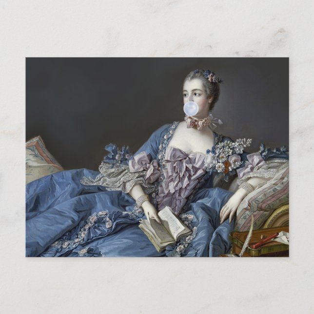 Madame de Pompadour blåser en blå bubbelgum Vykort (Framsida)