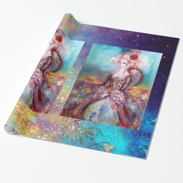 MADAME POMPADOUR/Bright Guld Blue Sparkles Presentpapper (Utrullad)