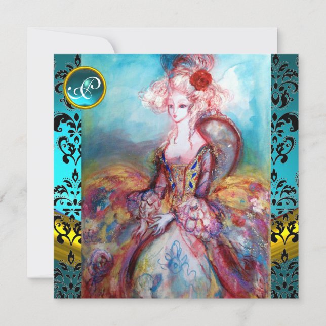 MADAME POMPADOUR, ENKEL BLÅ SAMMETSBLOMMA MONOGRAM INBJUDNINGAR (Framsida)