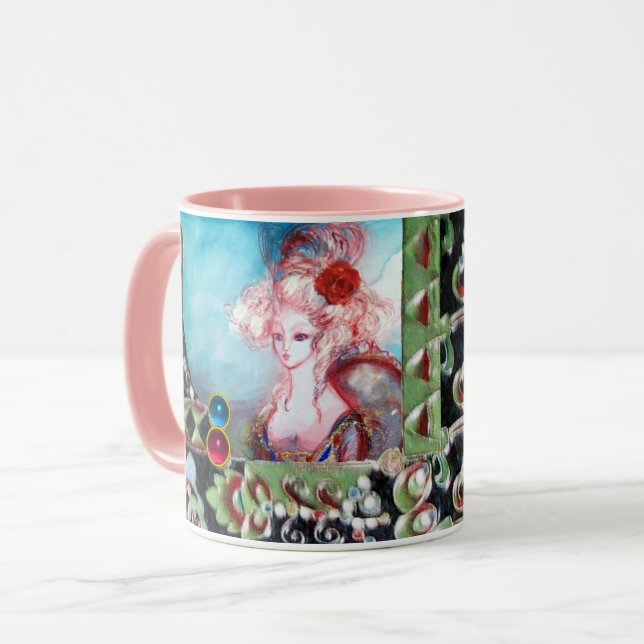MADAME POMPADOUR ,SVART GRÖNT BLUE ROSA GEMSTONES MUGG (Framsida vänster)