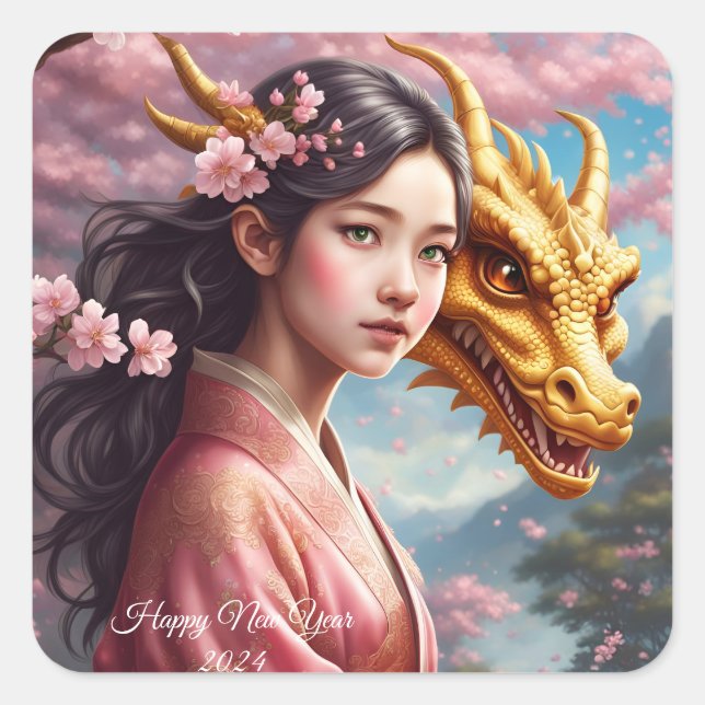 Mädchen zwischen Kirschblüten  Fyrkantigt Klistermärke (Framsida)