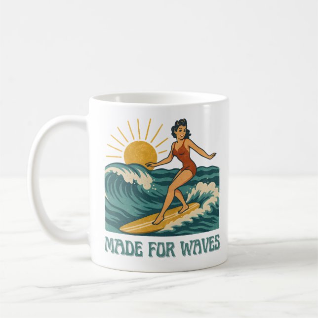 Made For Waves Surfer - Retro Surfing Pin-Up Art Kaffemugg (Vänster)