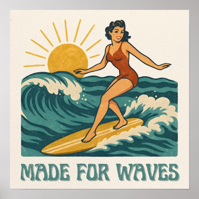 Made For Waves Surfer - Retro Surfing Pin-Up Art Poster (Framsidan)
