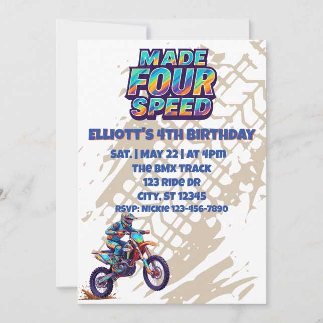 Made FOUR Speed, dirt bike 4th Birthday Inbjudningar (Framsida)