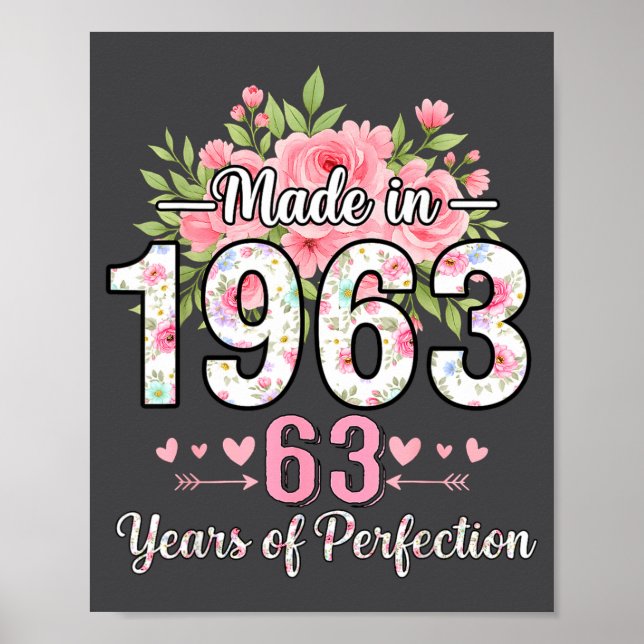 Made In 1963 Floral 63rd Birthday Women 63 Years O Poster (Framsidan)