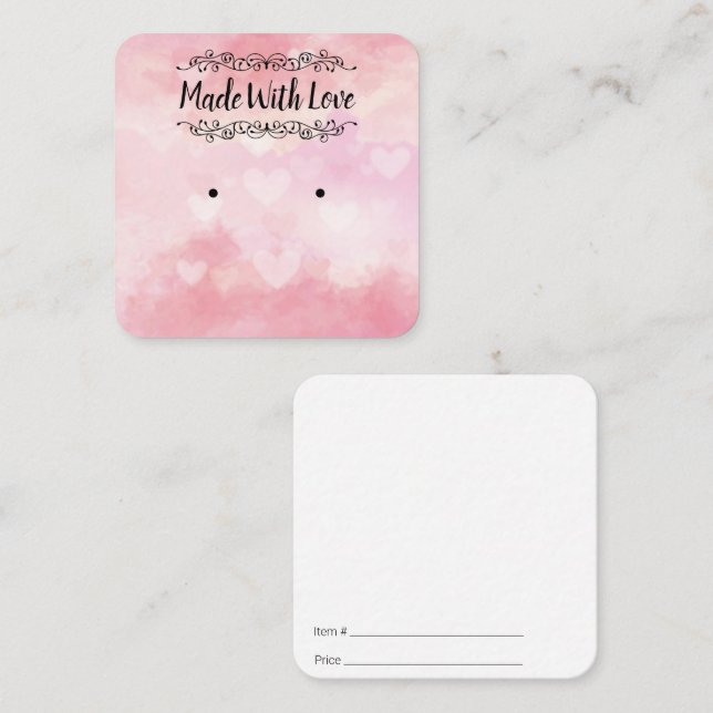 Made med Kärlek-avläsningskort, vattenfärgshjärsor Fyrkantigt Visitkort (Fram/baksida)