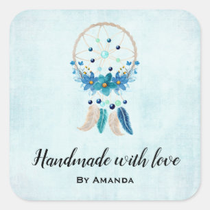 Made with Kärlek Blue Dreamcatcher Snyggt Boho Fyrkantigt Klistermärke