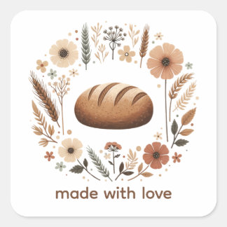 Made With Love Bread Label | Cottagecore Bakery Fyrkantigt Klistermärke
