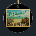 Madeira Beach Vintage resor Julgransprydnad Keramik<br><div class="desc">Hälsning Beach-vintagens vykort från Madeira har en sandstrand med vackra turkoshavet vatten och över havet,  ett blå himmel med giftiga vita moln. I vintage resor stil.</div>