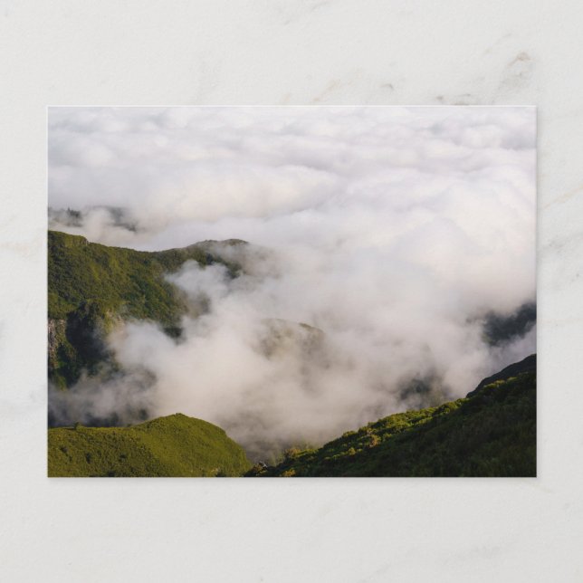 Madeira mountains in misty clouds, moody nature vykort (Framsida)