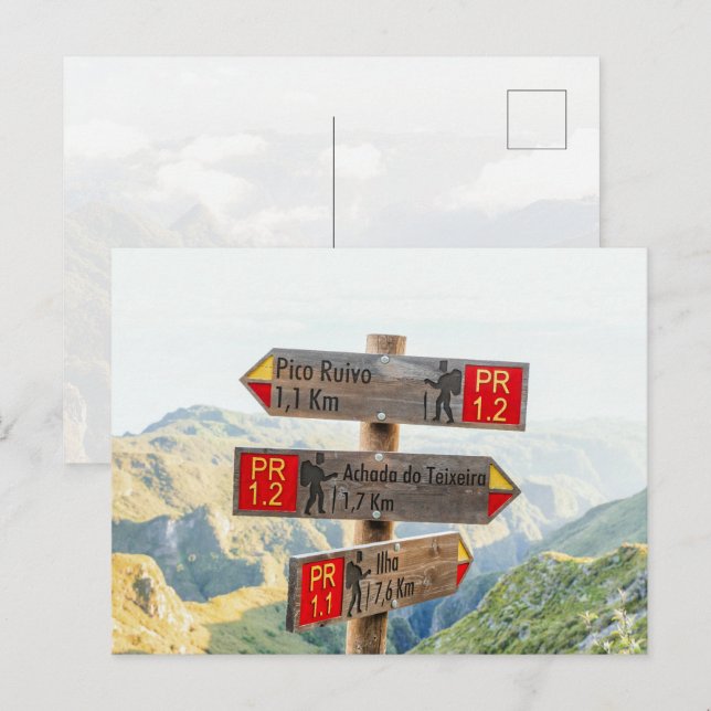 Madeira Pico Ruivo Trail Signs Hiking Vykort (Fram/baksida)