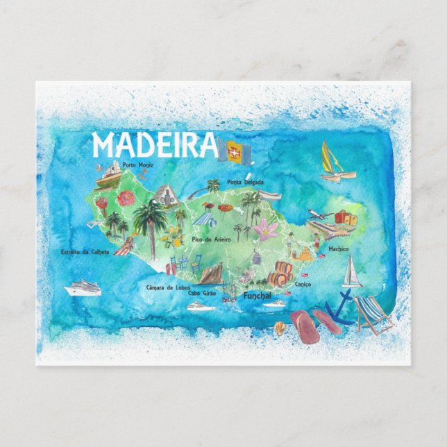 Madeira Portugal ön Illustrated Karta Helg Vykort (Framsida)