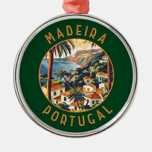Madeira Portugal Retro Distress Circle Julgransprydnad Metall (Framsidan)
