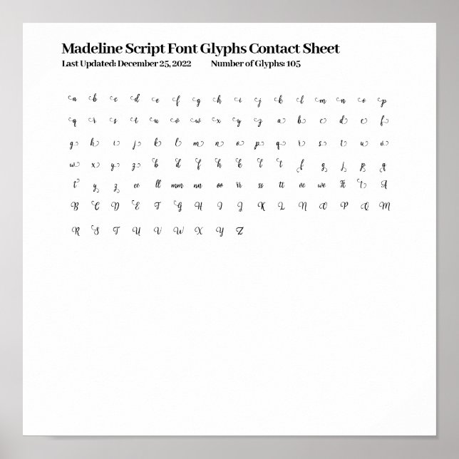 Madeline Script-teckensnitt Glyfer Kontaktdokument Poster (Framsidan)