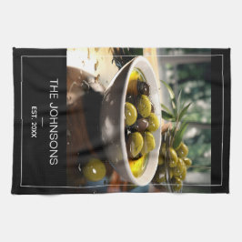 Madern Black White Photo & Family Namn Monogram Kökshandduk