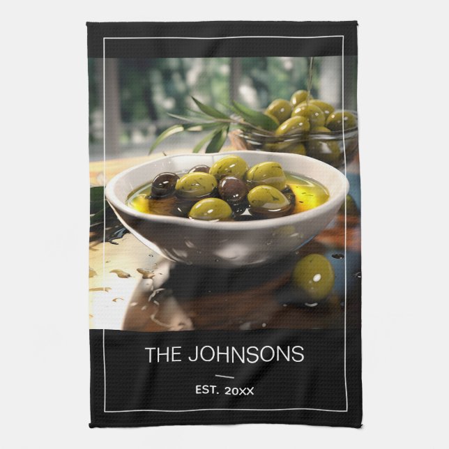 Madern Black White Photo & Family Namn Monogram Kökshandduk (Vertikal)