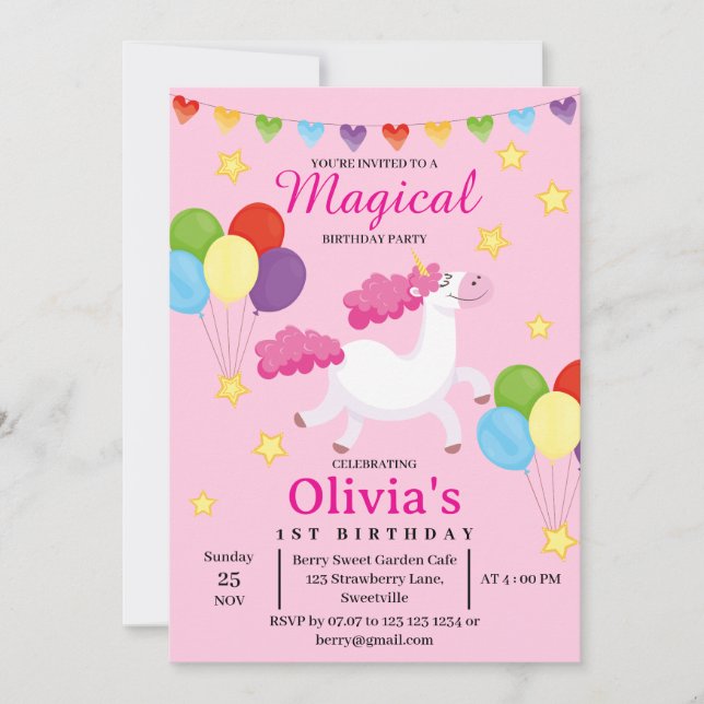 Madical Girls första Cute Rosa Unicorn Birthday Inbjudningar (Framsida)