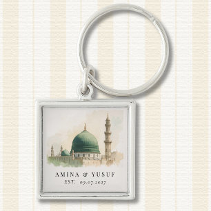 Madinah Keepsake Masjid Nabawi Parnamn Fyrkantig Silverfärgad Nyckelring