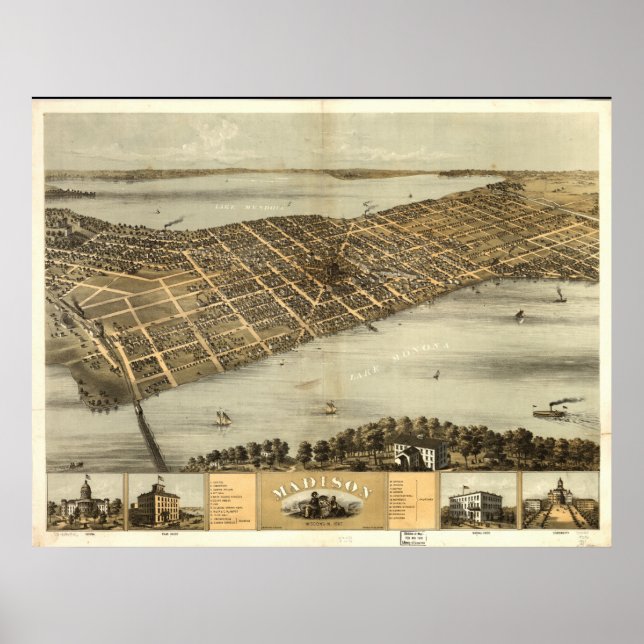 Madison WI 1867 Antique Panoramic Karta Poster (Framsidan)