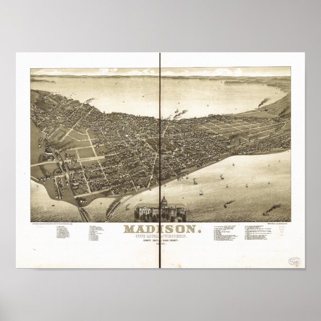 Madison WI 1885 Antique Panoramic Karta Poster (Framsidan)