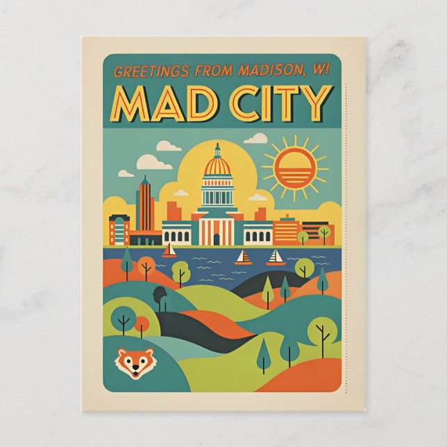 Madison WI “Mad City” Retrokonst Vykort (Framsida)