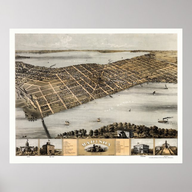 Madison, WI Panoramic Karta - 1867 Poster (Framsidan)