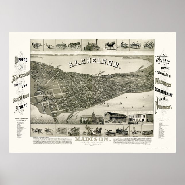 Madison, WI Panoramic Karta - 1885 Poster (Framsidan)