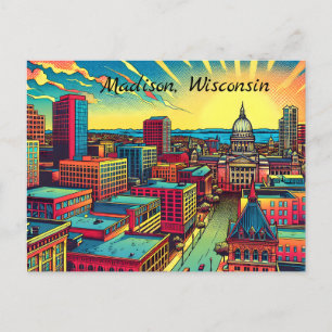 Madison, Wisconsin City Skyline vid Sunset Vykort