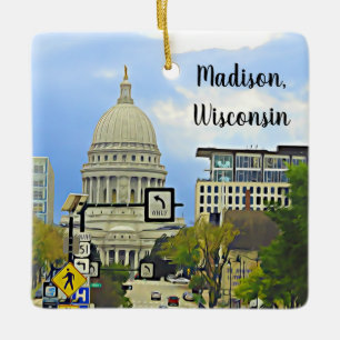 Madison, Wisconsin City View Huvudstad Byggnad Julgransprydnad Keramik