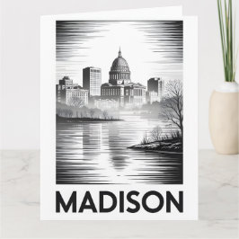 Madison Wisconsin Siluett Svart Vitt Träsnitt Kort