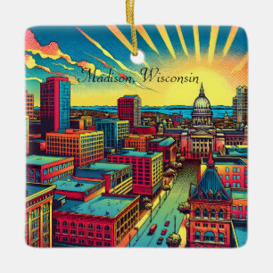 Madison, Wisconsin Skyline vid Sunset Julgransprydnad Keramik