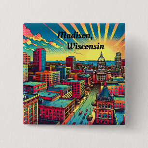 Madison, Wisconsin Skyline vid Sunset Knapp