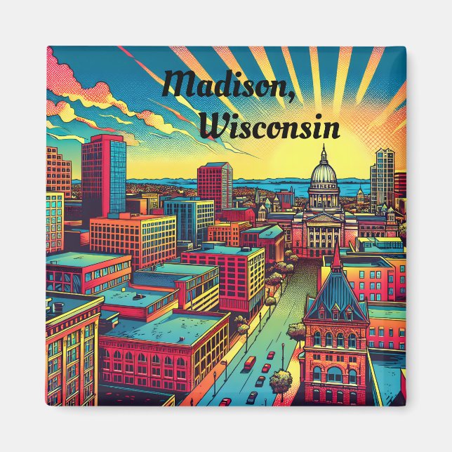 Madison, Wisconsin Skyline vid Sunset Magnet (Framsidan)