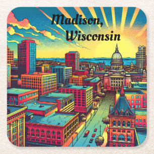 Madison, Wisconsin Skyline vid Sunset Underlägg Papper Kvadrat