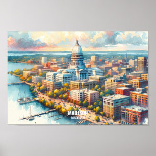Madison Wisconsin Travel Ställe, vattenfärg Poster