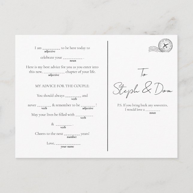 MadLib-spel - Förlovning, Adjö, Party, Helg Vykort (Framsida)