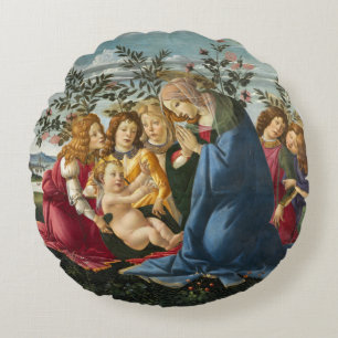 Madonna Adoring Child with 5 Änglar Botticelli Rund Kudde
