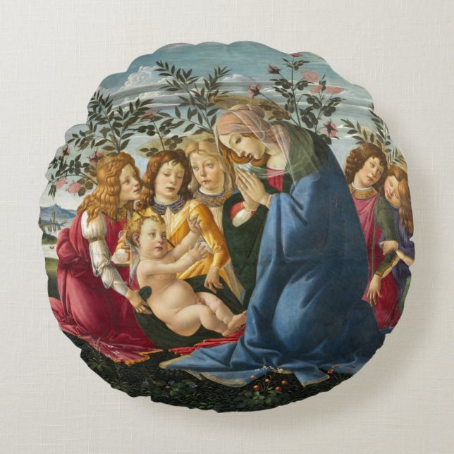 Madonna Adoring Child with 5 Änglar Botticelli Rund Kudde (Framsidan)