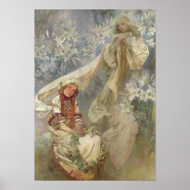 Madonna av liljorna av Alphonse Mucha Poster (Framsidan)