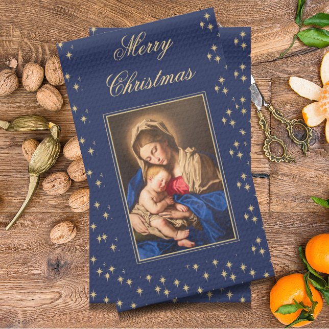 Madonna & Child Religiösa Juldekorationer Kökshandduk (Blue and gold, Madonna and Child religious Christmas towel. Great as a decoration or gift.)