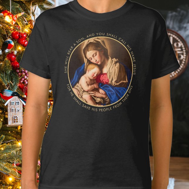 Madonna & Child Traditional Religiösa jul T Shirt (Madonna & Child religious Christmas gift with Bible verse for all Christian boys on your list.)