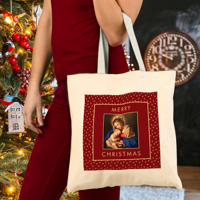 Madonna & Child Traditional Religiösa jul Tygkasse (Religious Christmas tote bag with Madonna & Child in red and gold for Catholics/Christians)