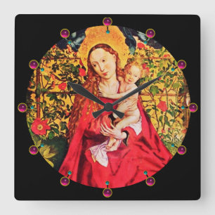 MADONNA I RO BOWER, ROSA AMETHYST GEMSTONES FYRKANTIG KLOCKA